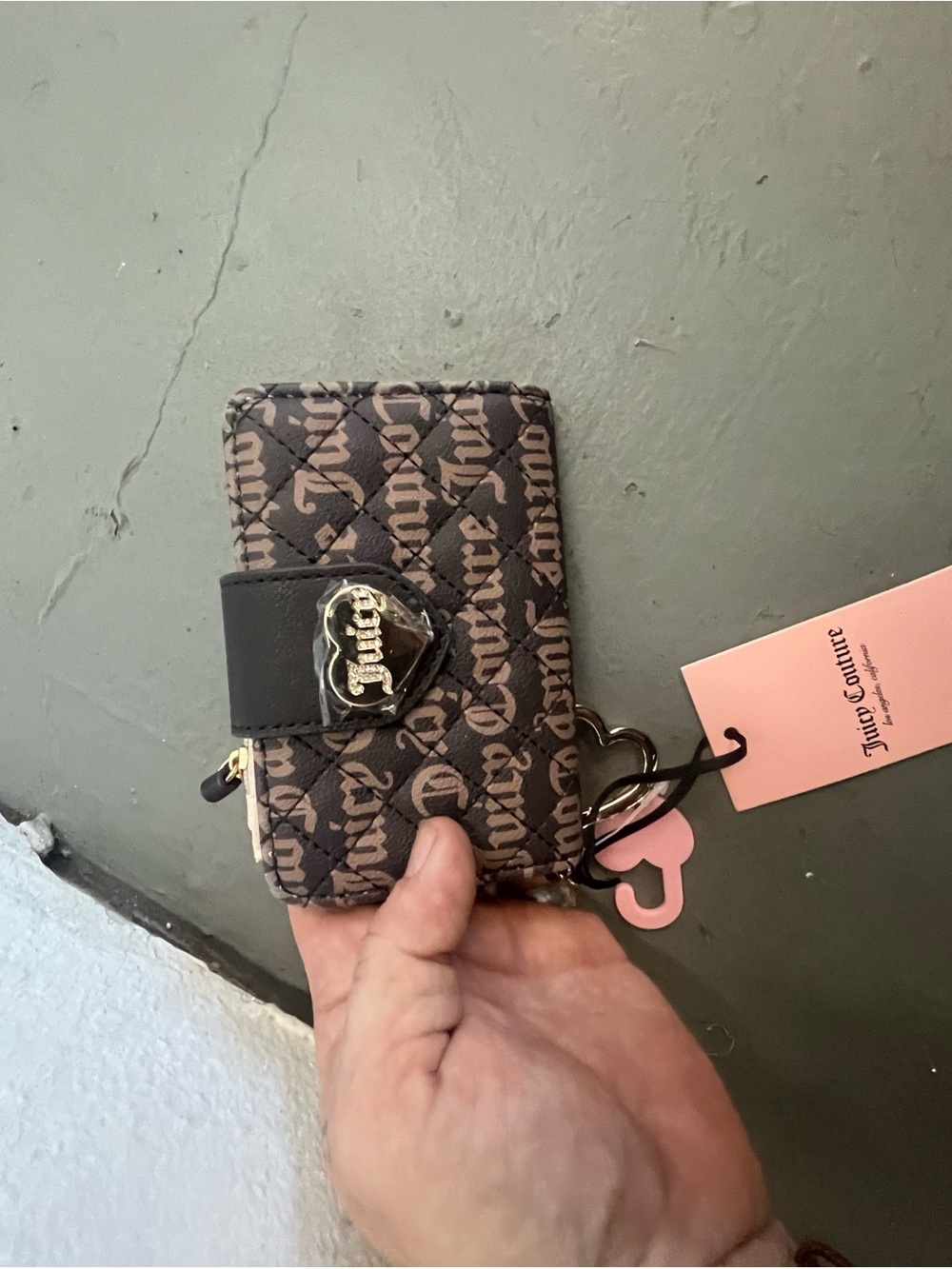 Juicy Couture Brown and Black Quilted Logo Card Holder with Heart Charm